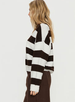 back view of model wearing Princess Polly Corlie Crew Neck Knit Sweater Brown Stripe Cropped Jumpers 