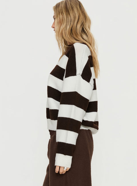 back view of model wearing Princess Polly Corlie Crew Neck Knit Sweater Brown Stripe Cropped Jumpers 