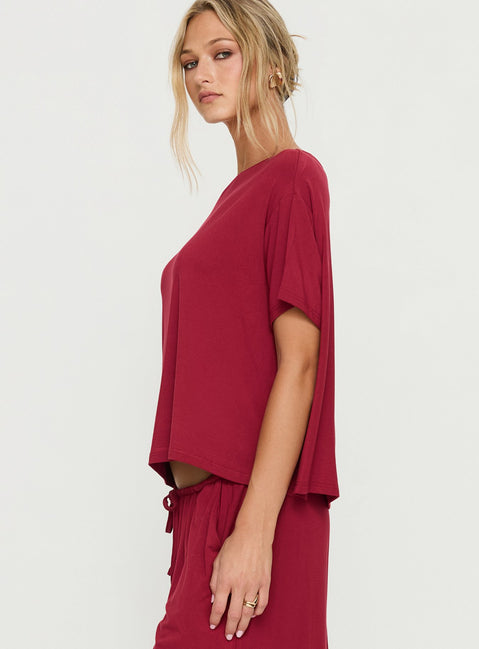 Cozy Hour Sleep Relaxed Off Shoulder Top Red