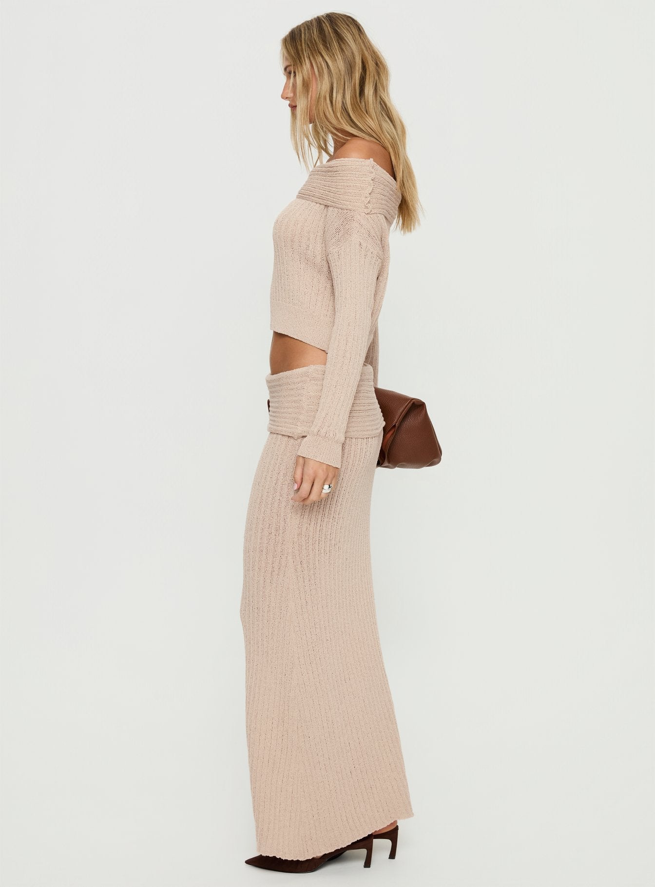   side view of model wearing Princess Polly Devion Foldover Waist Maxi Skirt Beige Maxi Skirts 
