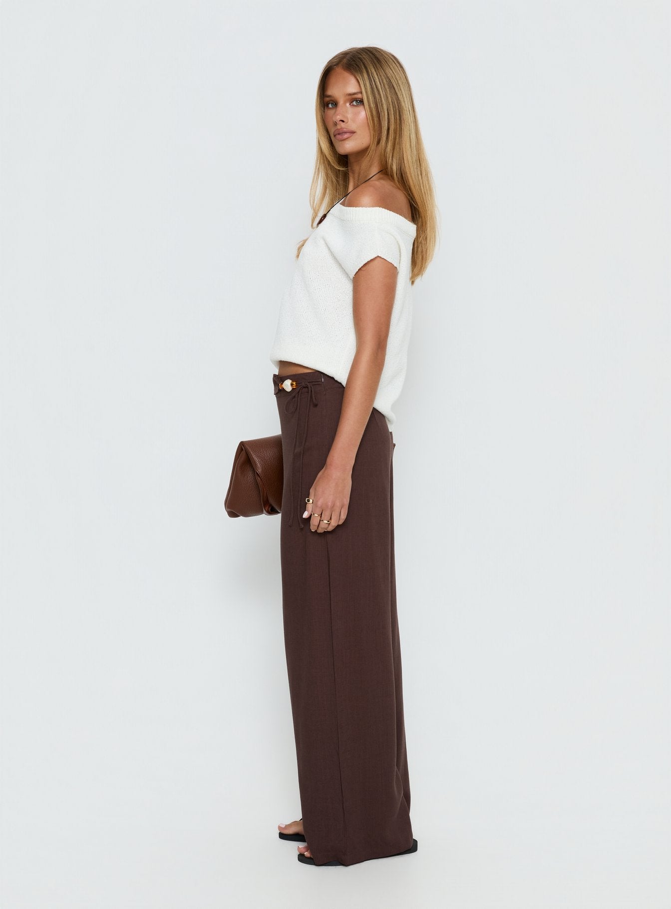 side view of model wearing Princess Polly Pine For You Bead Detail Linen Pant Brown High Rise Pants 