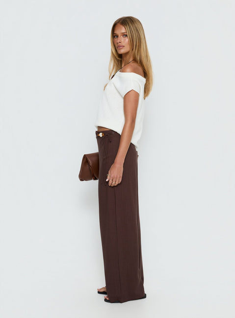 side view of model wearing Princess Polly Pine For You Bead Detail Linen Pant Brown High Rise Pants 