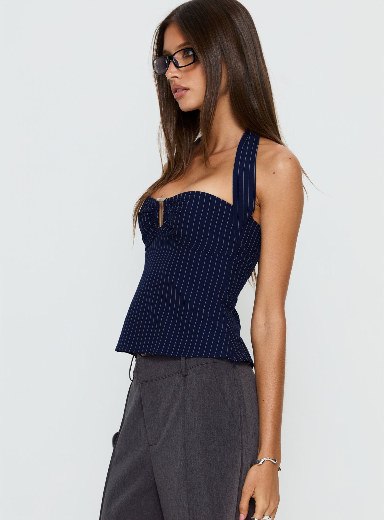 Isabetta Halter Top Navy Pinstripe | Princess Polly