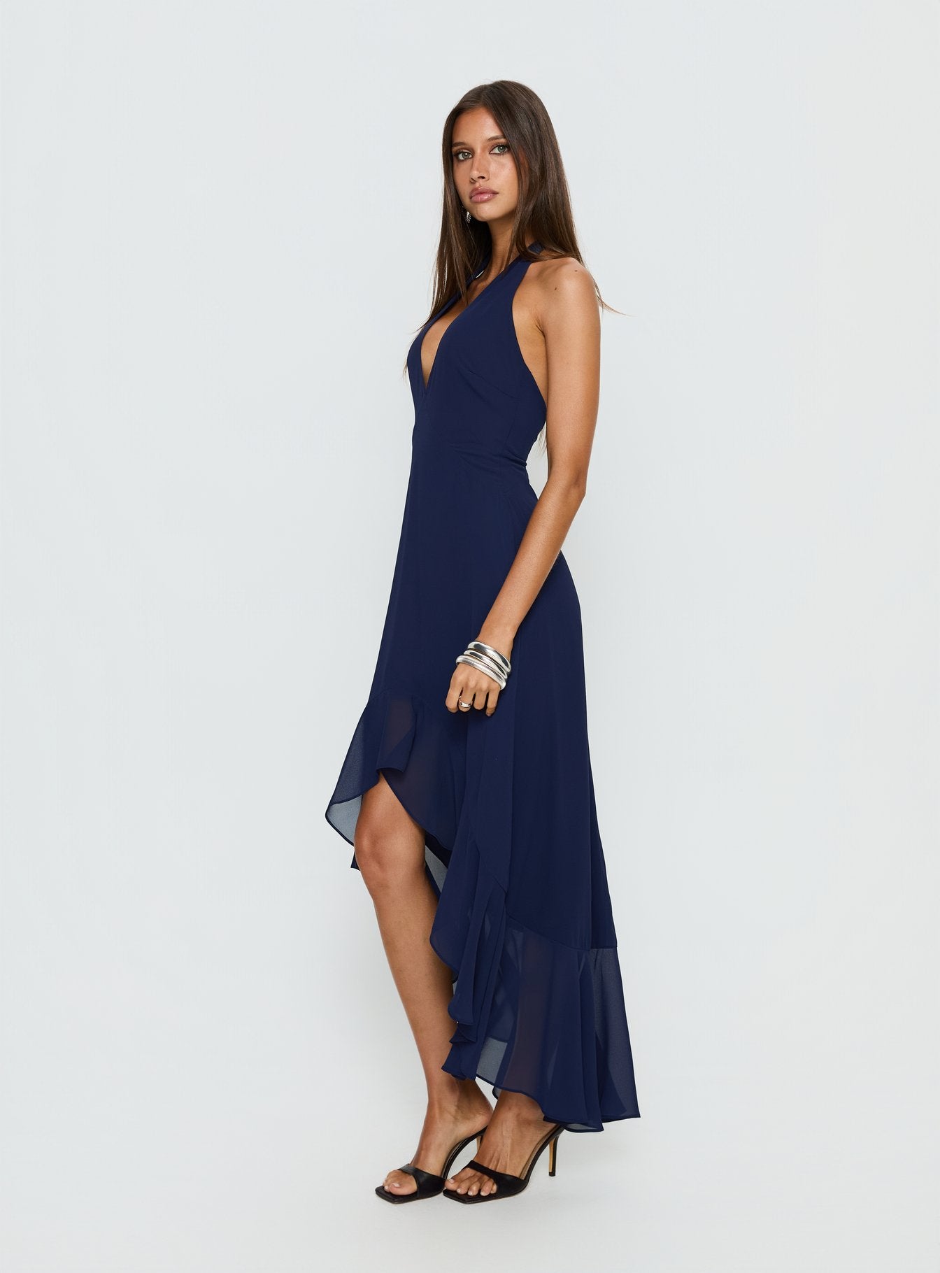 Agata Halter Frill Maxi Dress Navy | Princess Polly Agata Halter Frill Maxi Dress Navy | Princess Polly