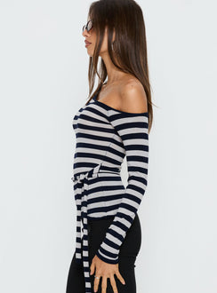 Kastor One Shoulder Long Sleeve Top Navy / Grey Stripe
