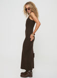 side view of model wearing Princess Polly Kattan Maxi Dress Chocolate Scoop Neck 