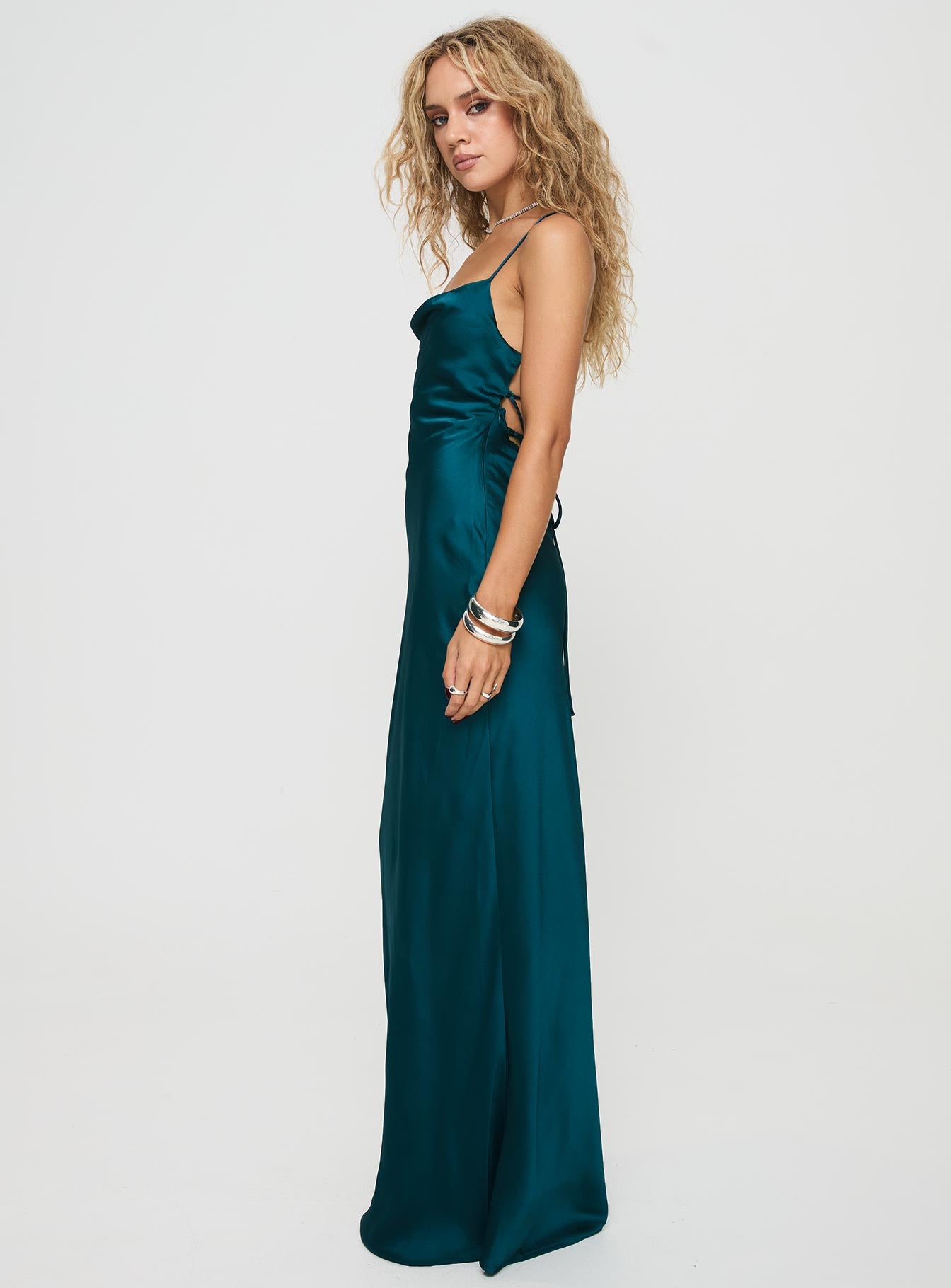 side view of model wearing Princess Polly Esti Maxi Dress Blue Square Neck 