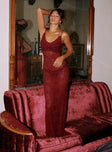 front view of model wearing Princess Polly Dynamo Sheer Lace Maxi Dress Red Scoop Neck 