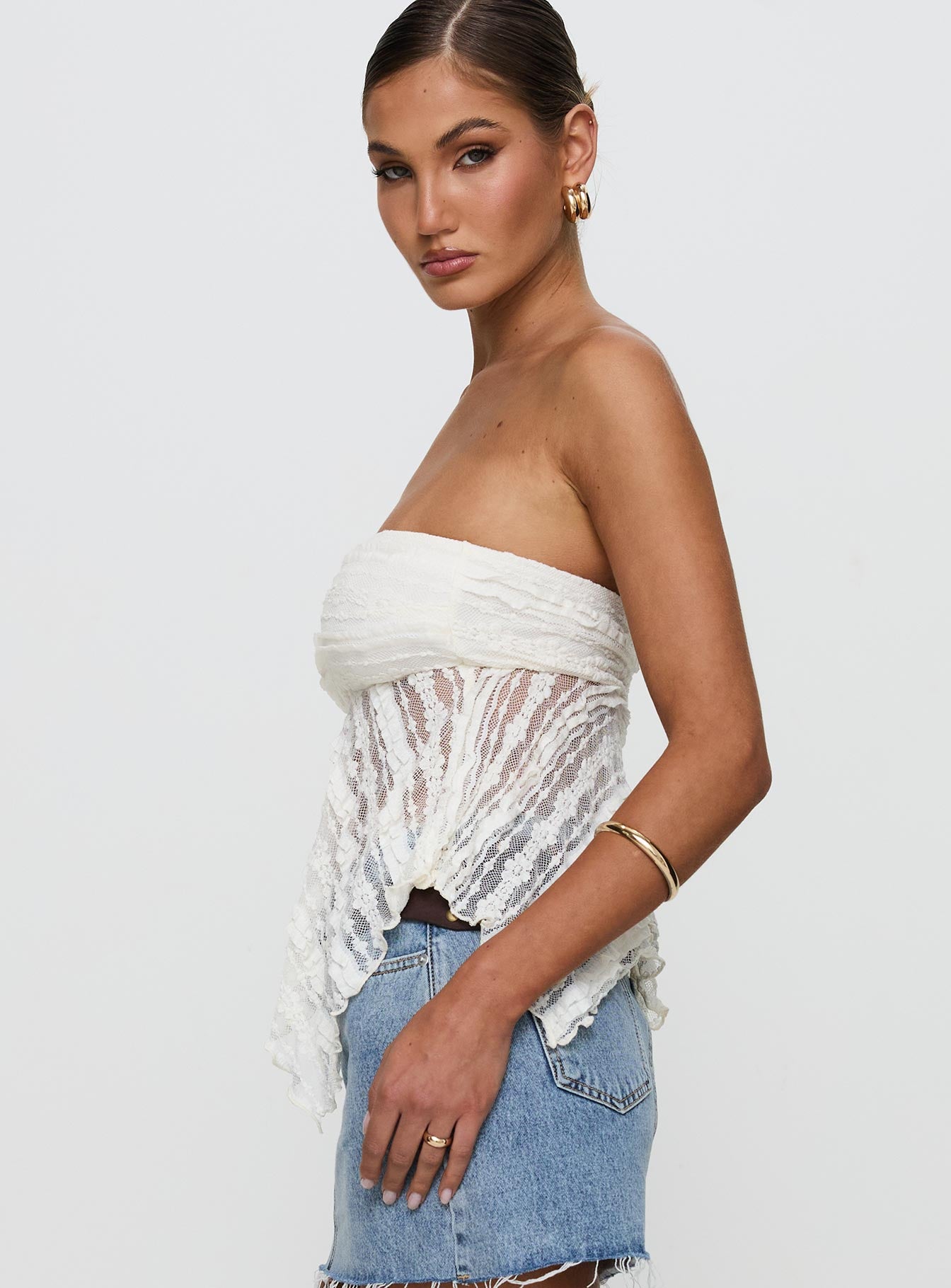 side view of model wearing Princess Polly You Were Right Strapless Textured Top Cream Sleeveless straight 
