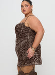 side view of model wearing Princess Polly Sugar Mini Dress Leopard Curve Cowl Neck 