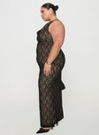 side view of model wearing Princess Polly Romani Lace Maxi Dress Black Curve Cowl Neck 