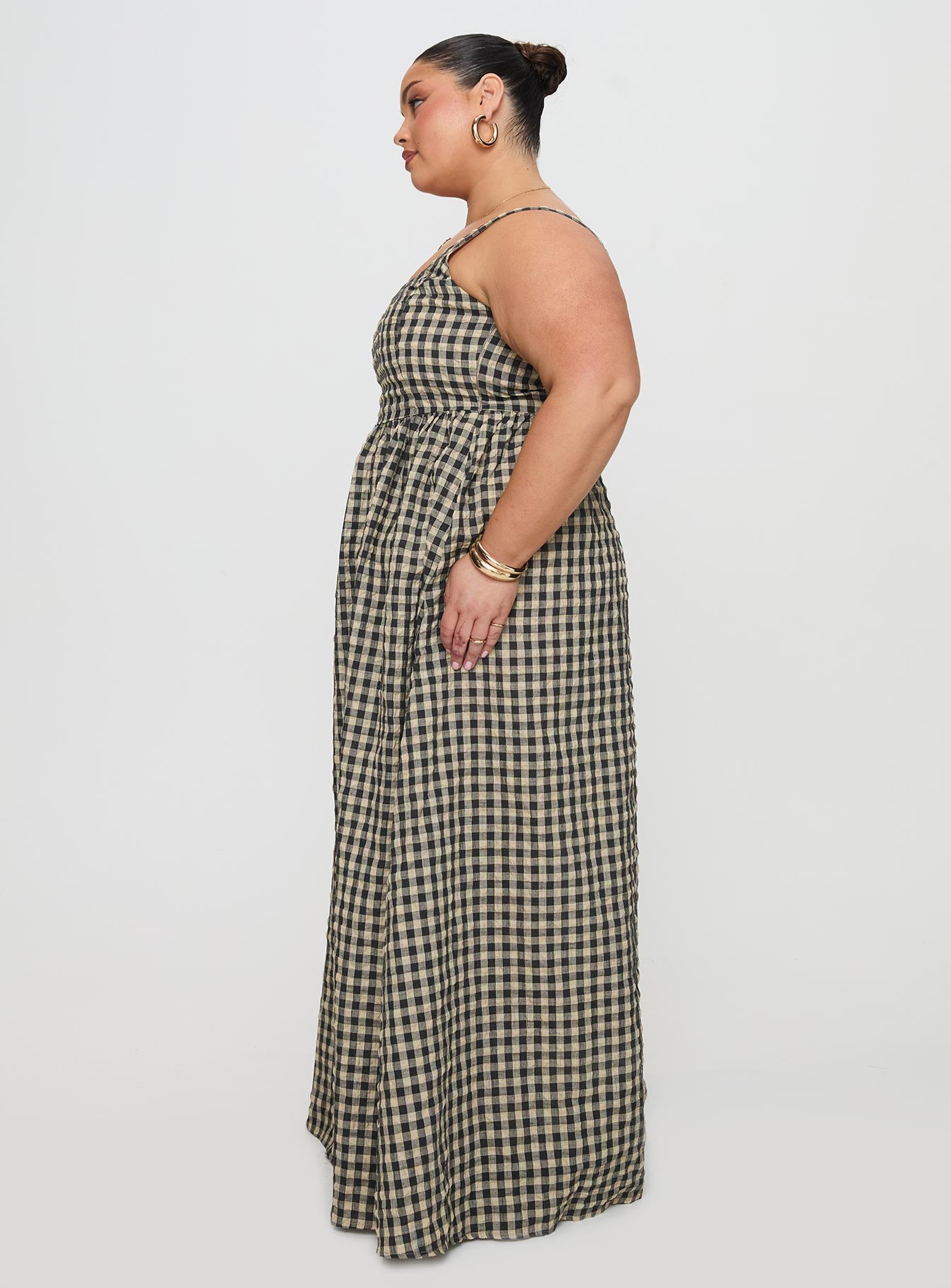 side view of model wearing Princess Polly Cartmel Check Maxi Dress Black / Cream Curve Square Neck 