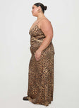 side view of model wearing Princess Polly Sanctuary Maxi Dress Leopard Curve Plunger 