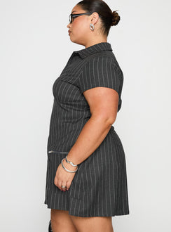 side view of model wearing Princess Polly Wynona Mini Dress White / Grey Pinstripe Curve V-Neck 