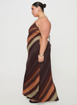 side view of model wearing Princess Polly Otillie Maxi Dress Brown Multi Curve Scoop Neck 