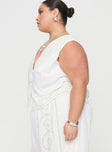 side view of model wearing Princess Polly Kindred Tie Top White / Green Curve Sleeveless Plunger 