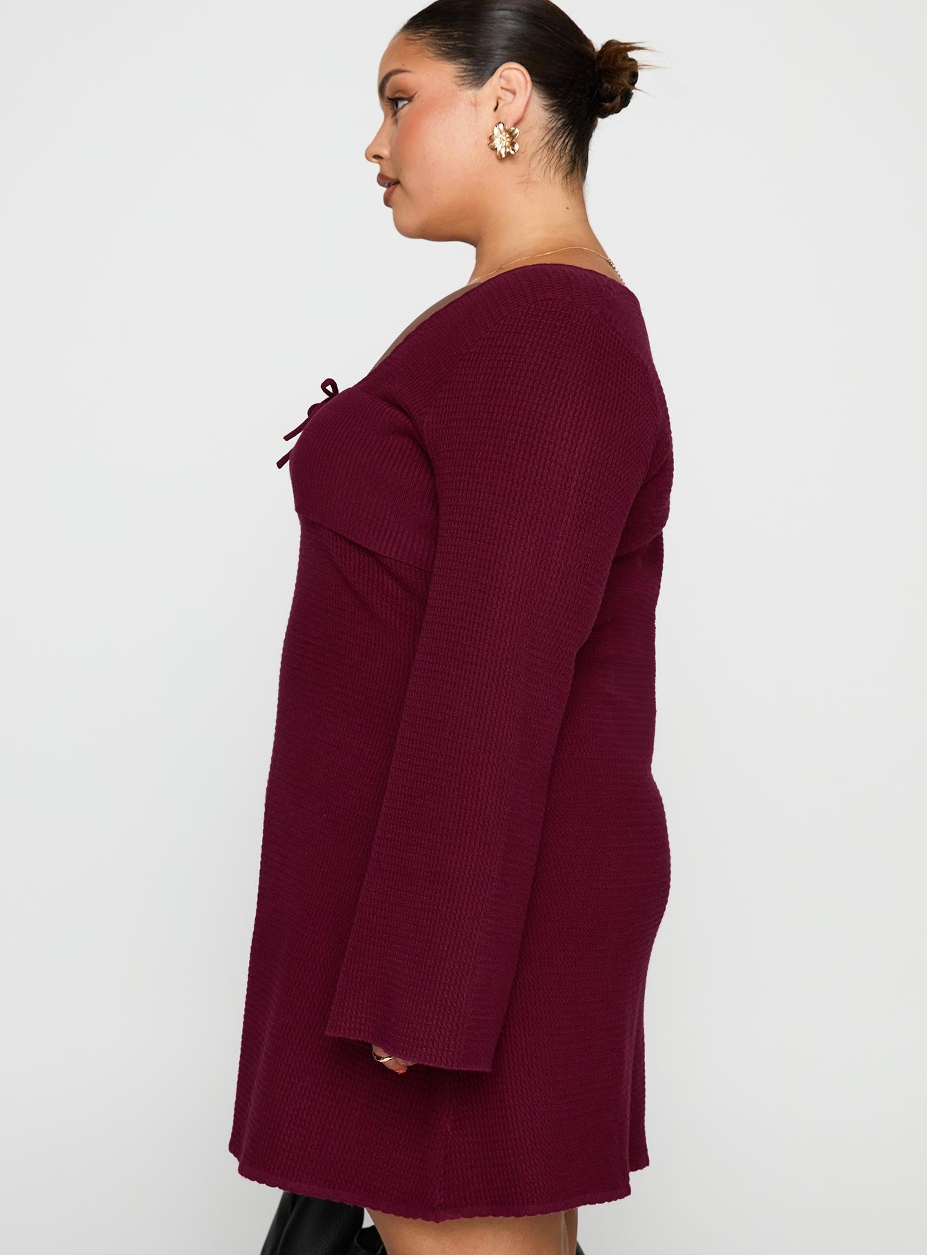 side view of model wearing Princess Polly Sandyra Knit Mini Dress Maroon Curve Square Neck 