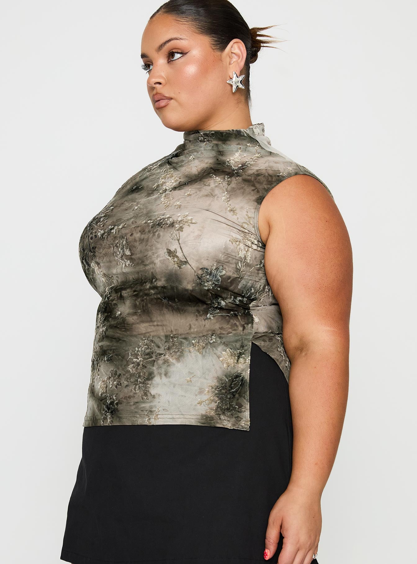 side view of model wearing Princess Polly Nights All Alone High Neck Top Multi Curve Sleeveless High Neck 