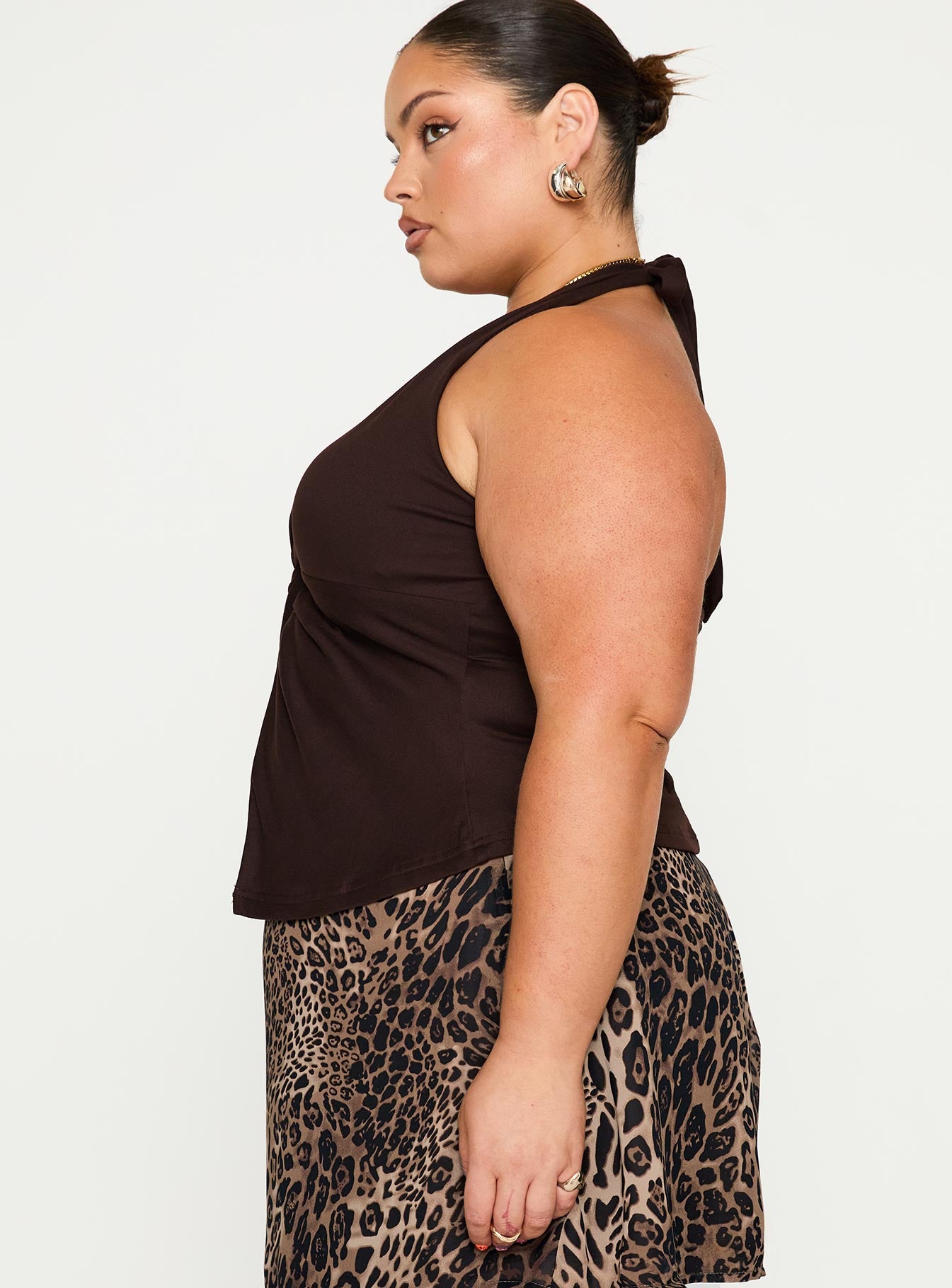 side view of model wearing Princess Polly No Hard Feelings Twist Top Brown Curve Sleeveless V-Neck 