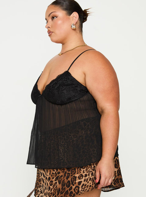 side view of model wearing Princess Polly Zami Pleat Top Black Curve Sleeveless Plunger 