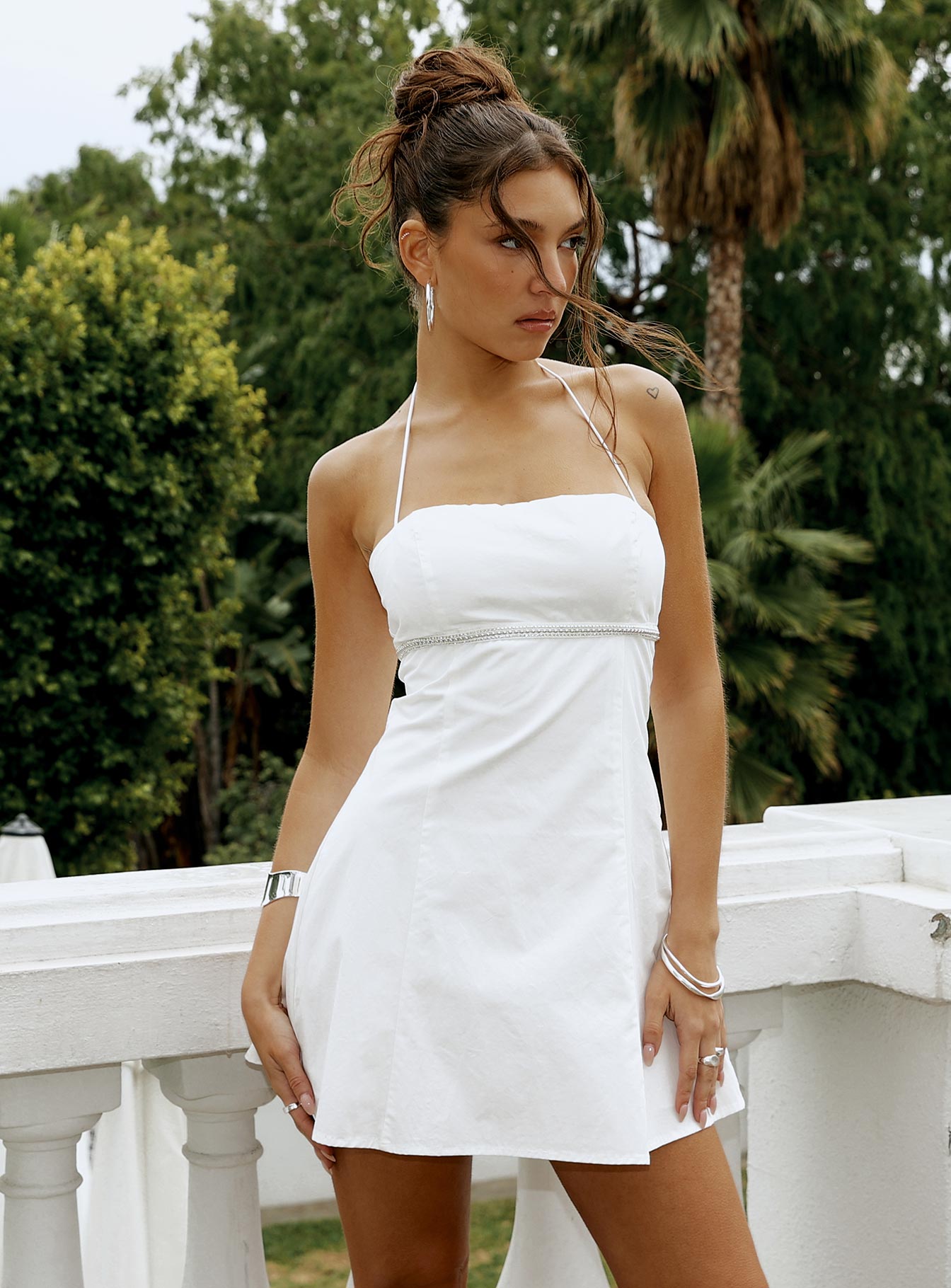 front view of model wearing Princess Polly Just Promise Diamante Detail Mini Dress White Square Neck 