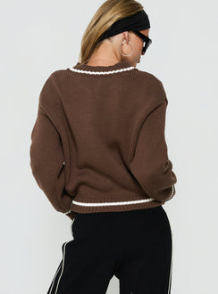 Myrandah V Neck Long SLeeve Knit Jumper Chocolate Stripe