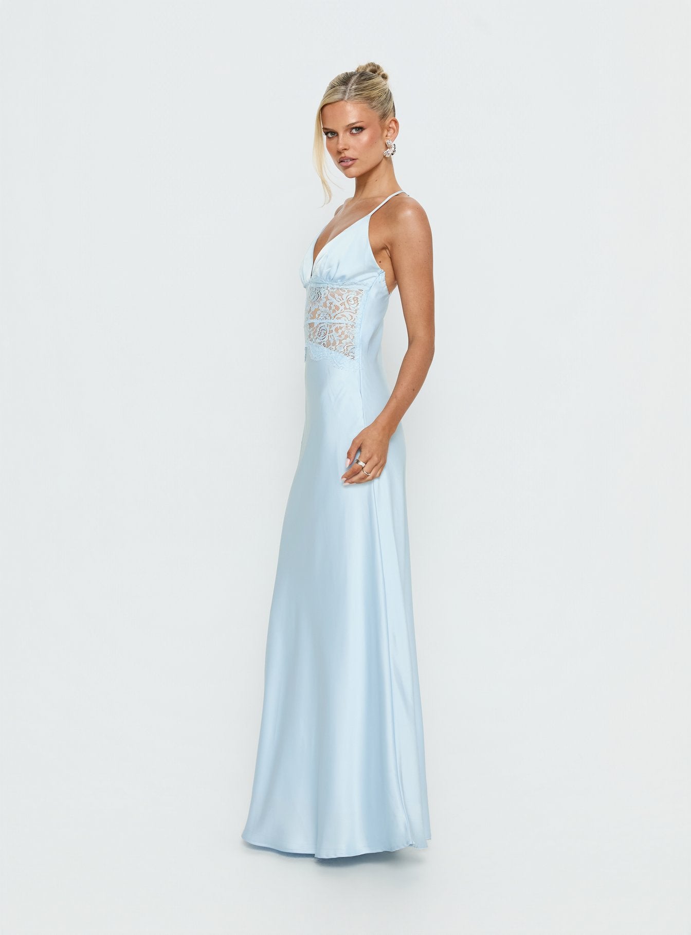 Klairee Halter Lace Maxi Dress | Icy Blue | Womens | Princess Polly Lower Impact Klairee Halter Lace Maxi Dress | Icy Blue | Womens | Princess Polly Lower Impact