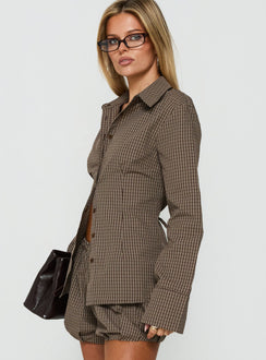 Amorah Cinched Longline Shirt Brown Check