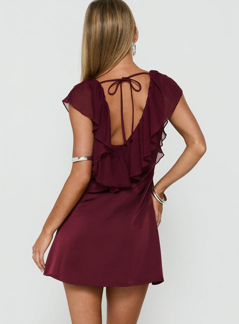 Madibelle V Neck Frill Mini Dress Wine