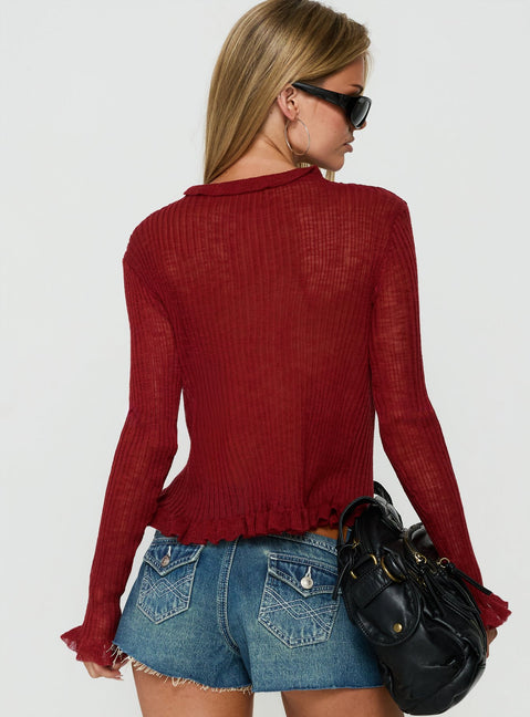 Doll Face Frill Long Sleeve Top Burgundy