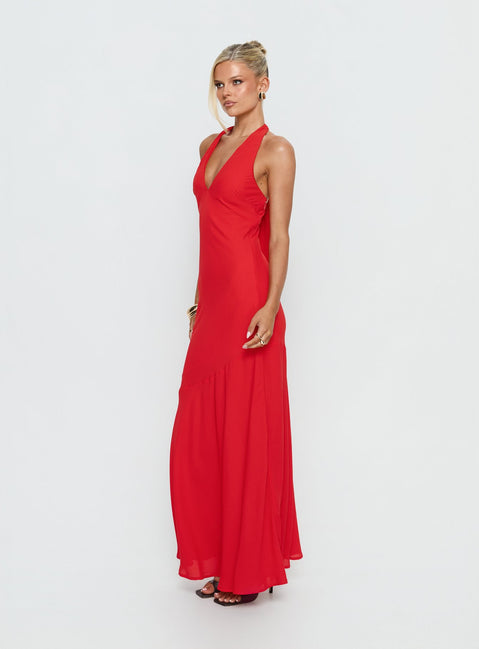 Luannie Halter Scarf Tie Maxi Dress | Red | Womens | Princess Polly