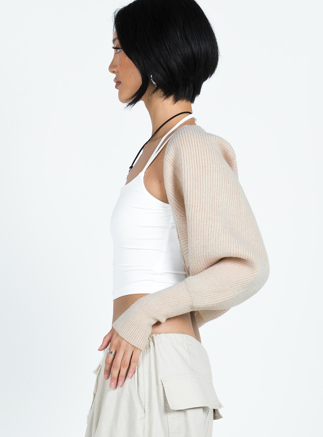 side view of model wearing Princess Polly Aviana Cardigan Beige Marle cropped 