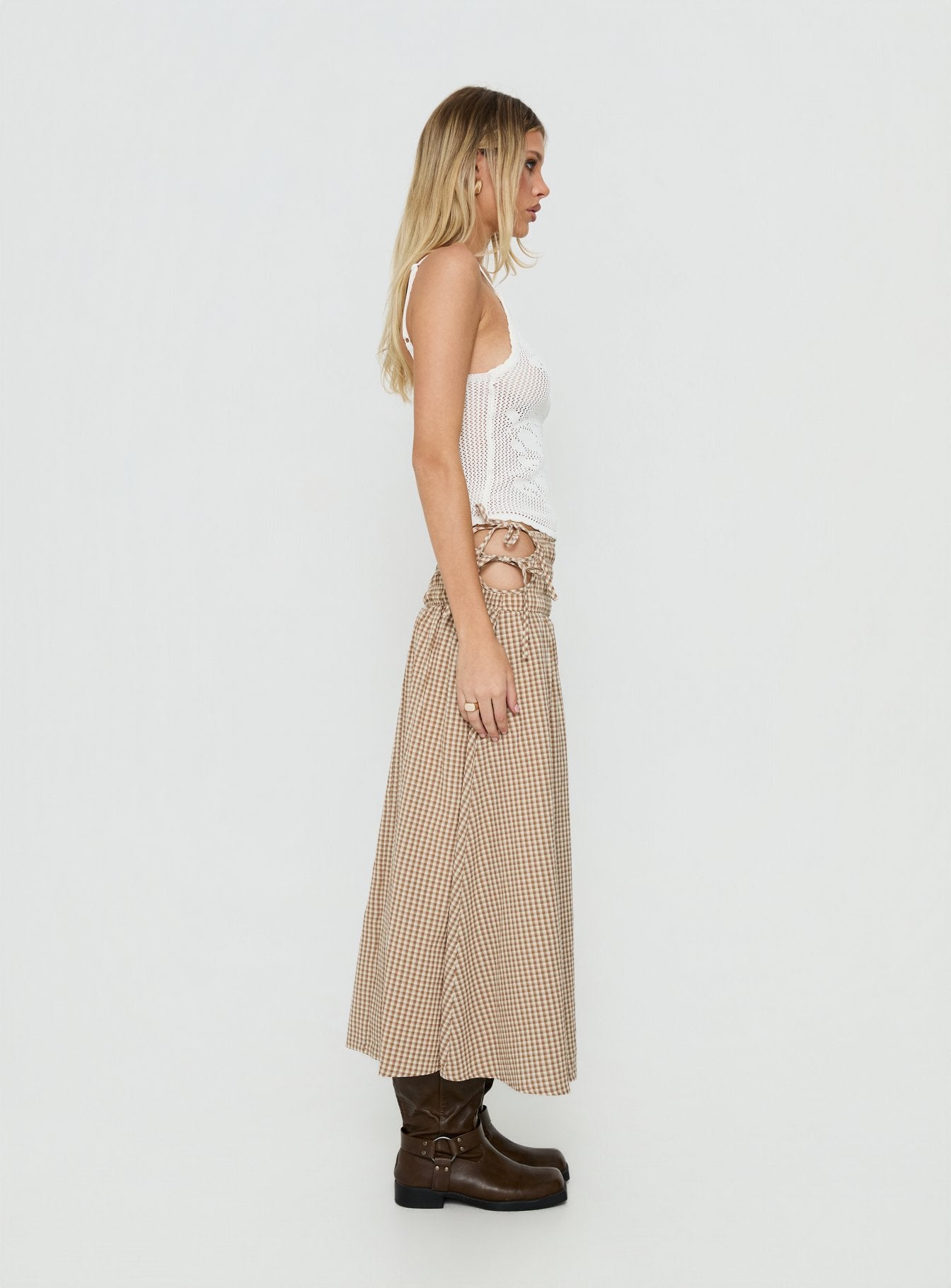 スカート ACYM Skirts Beige Herringbone check wrap vence ruched maxi skirt Brown Gingham | Princess Polly