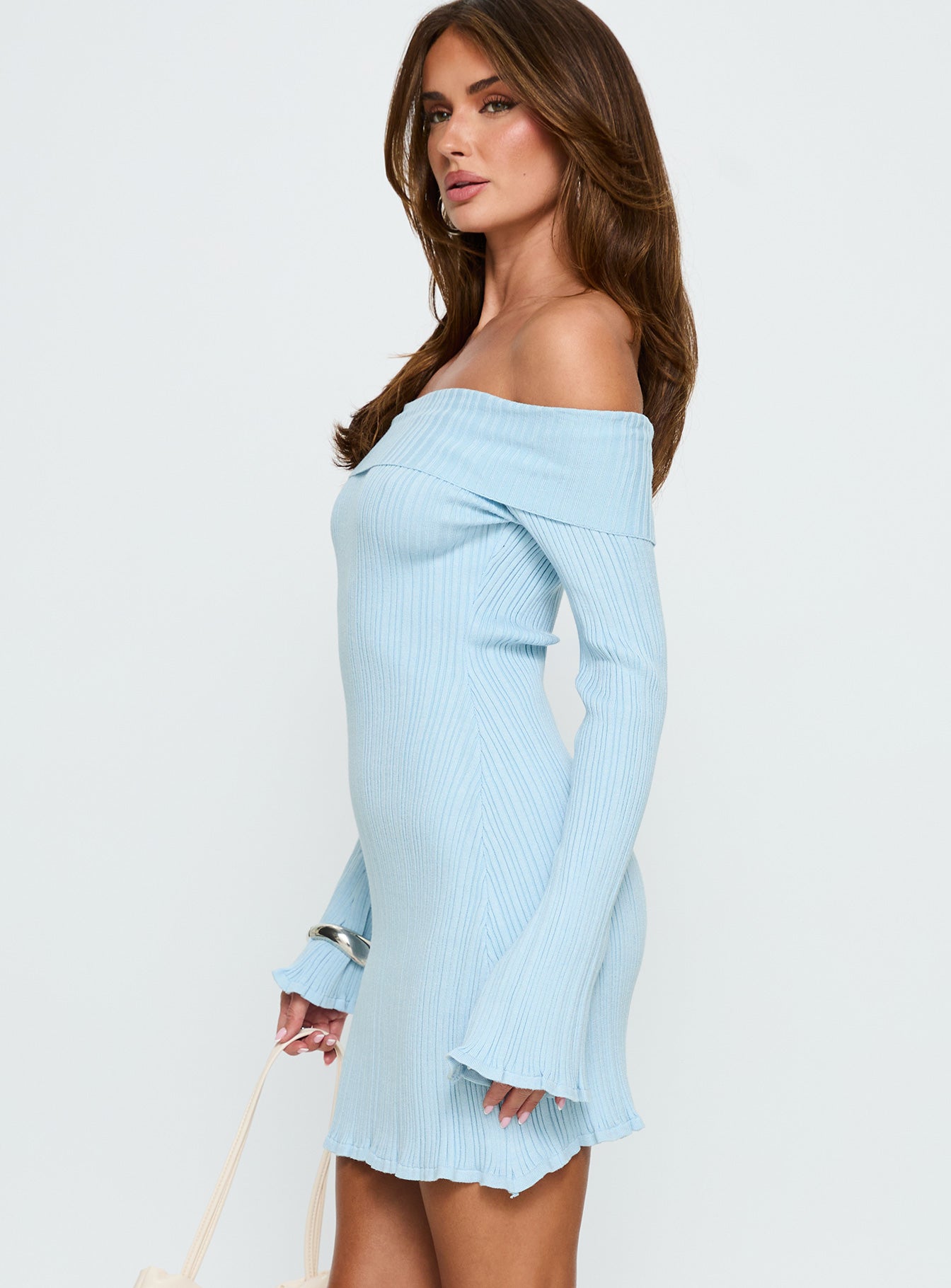 long sleeve knit ribbed dress White Ribbed Knit Long Sleeves Dress Medium