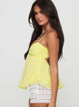 side view of model wearing Princess Polly Barbier Top Yellow Sleeveless Sweetheart 