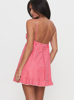 back view of model wearing Princess Polly Empress Of Love Mini Dress Red Gingham Square Neck 