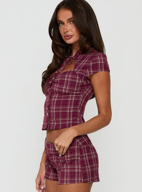 Jaylanni Keyhole Blouse Top Plum Check