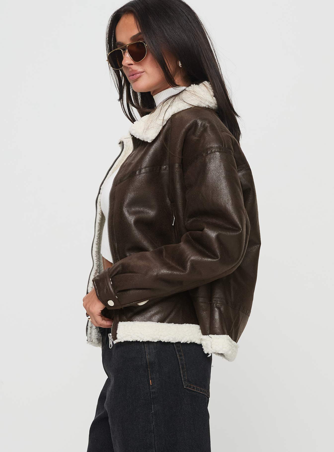 Solara Faux Leather Shearling Jacket Chocolate | Princess Polly