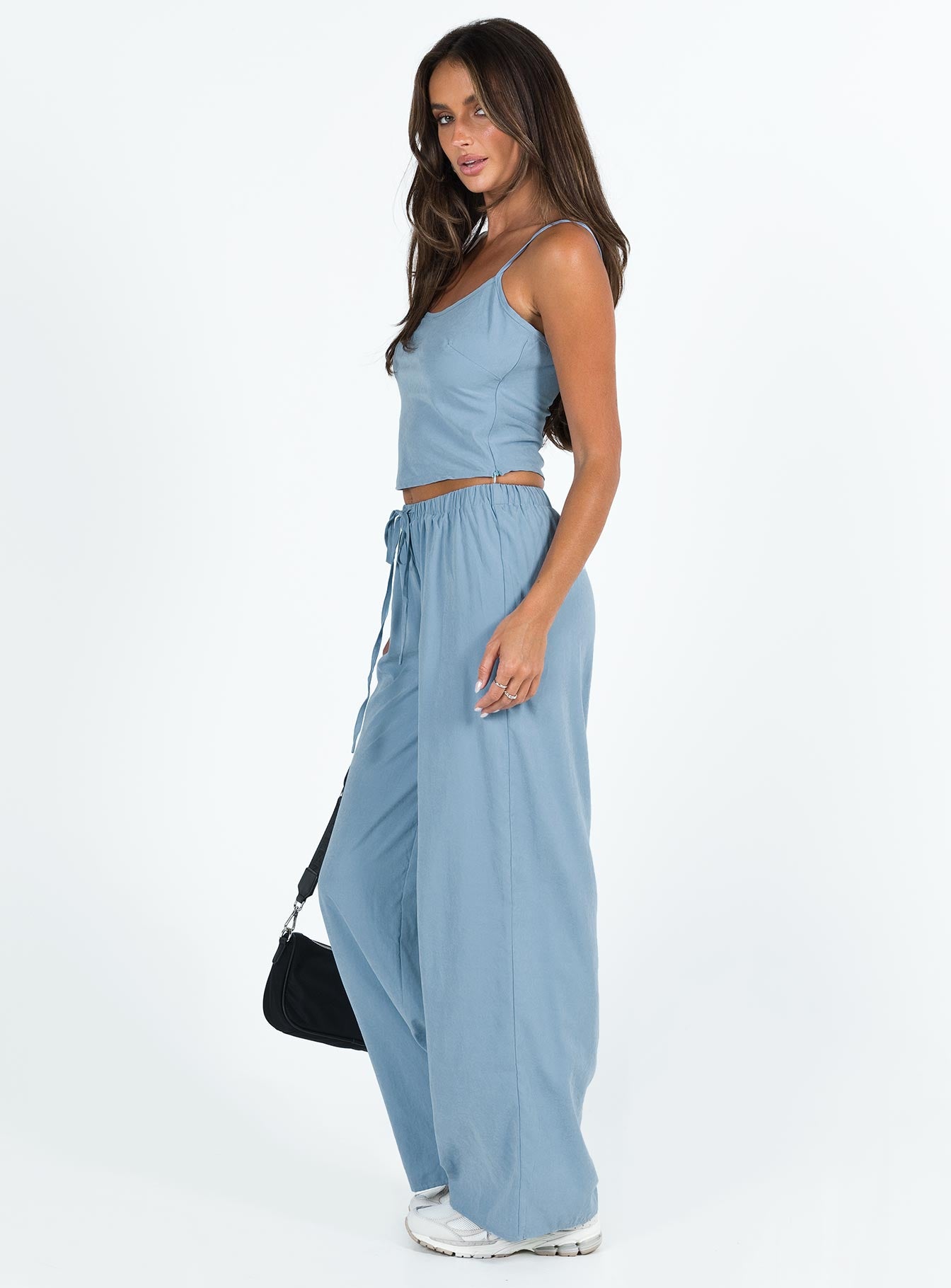 Two piece set Cupro material Adjustable shoulder straps on top Wide leg pants Elasticated waistband with tie fastening