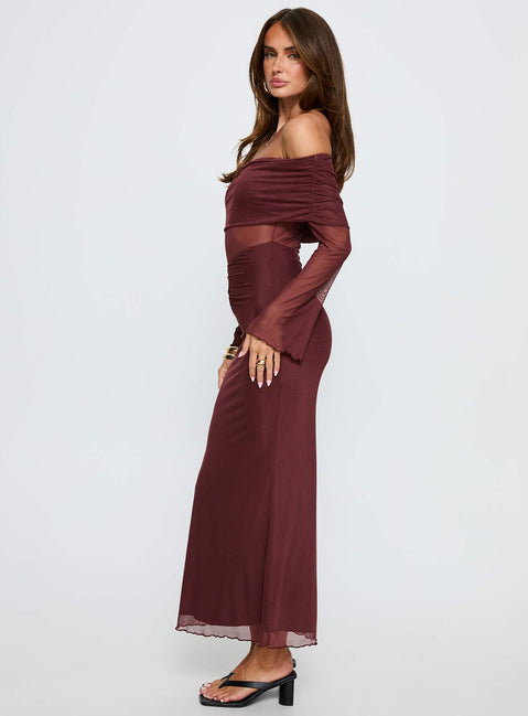 Velouria Off Shoulder Long Sleeve Maxi Dress Brown | Princess Polly Velouria Off Shoulder Long Sleeve Maxi Dress Brown | Princess Polly