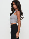 side view of model wearing Princess Polly Bleeker High Neck Top Grey Sleeveless Crew Neck 