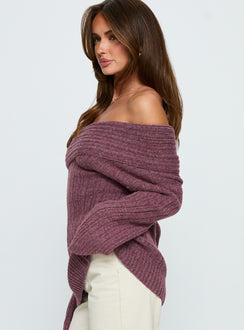 side view of model wearing Princess Polly Snowie Off Shoulder Knit Sweater Burgundy Long 