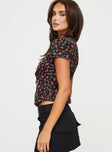 Floral print top Silky material, open front design, lace trim, tie fastening  Non-stretch, unlined