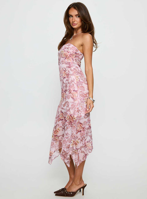 Coralis Strapless Asymmetrical Midi Dress Pink Paisley