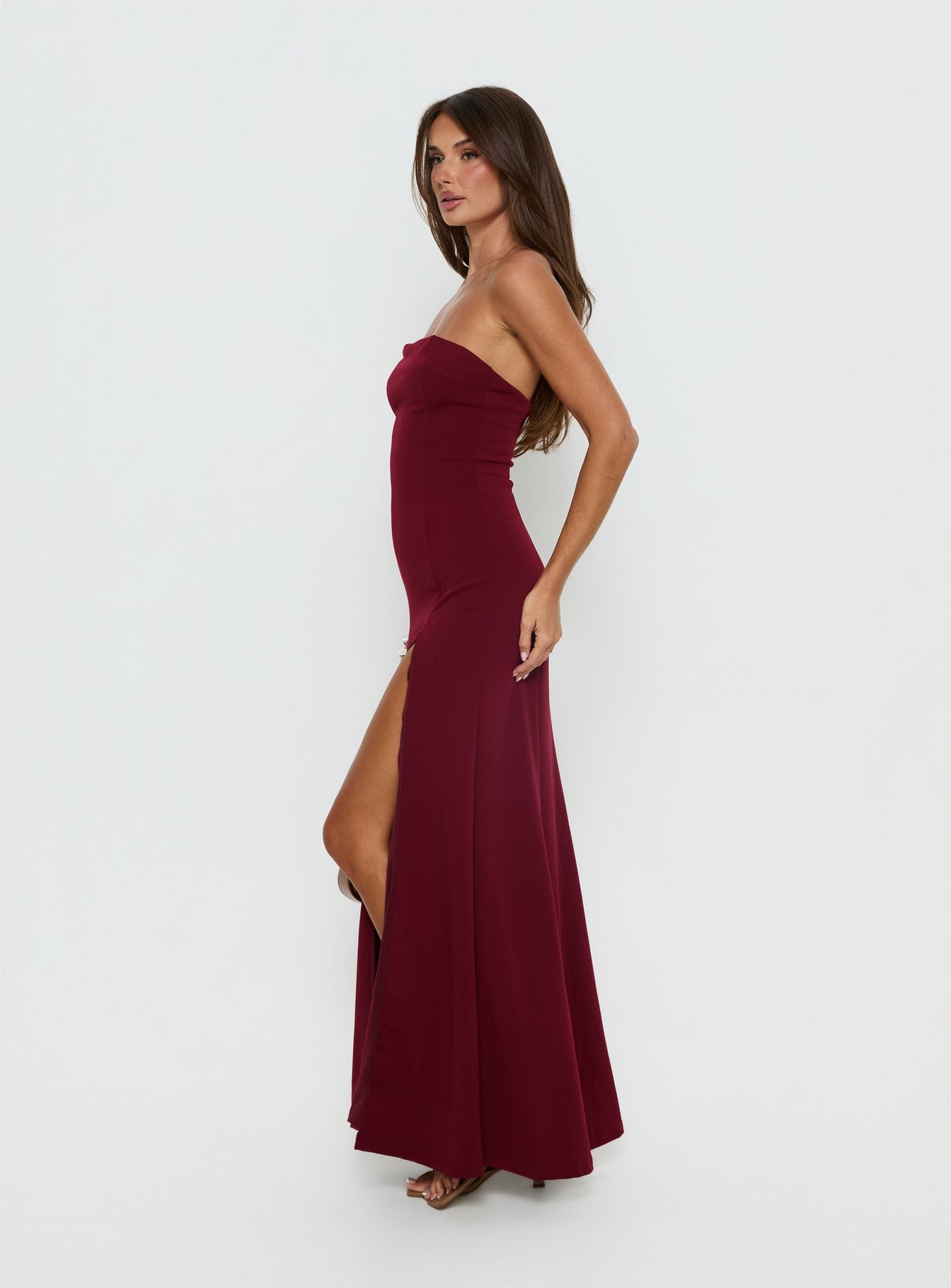 open lace back dress Red Strapless Long Prom Dress Mermaid with Slit main image 1