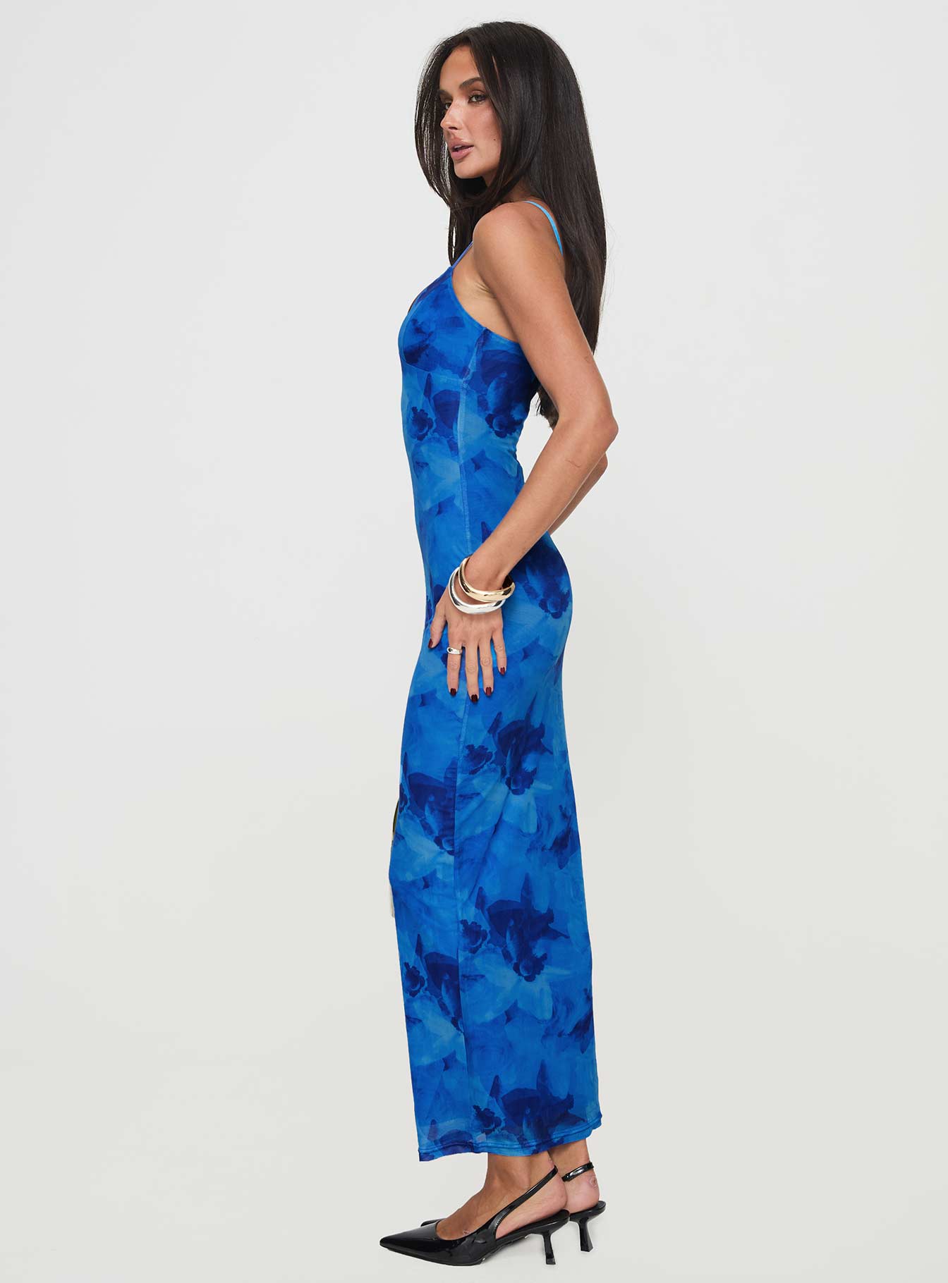 side view of model wearing Princess Polly Hathaway Maxi Dress Blue Floral Plunger 