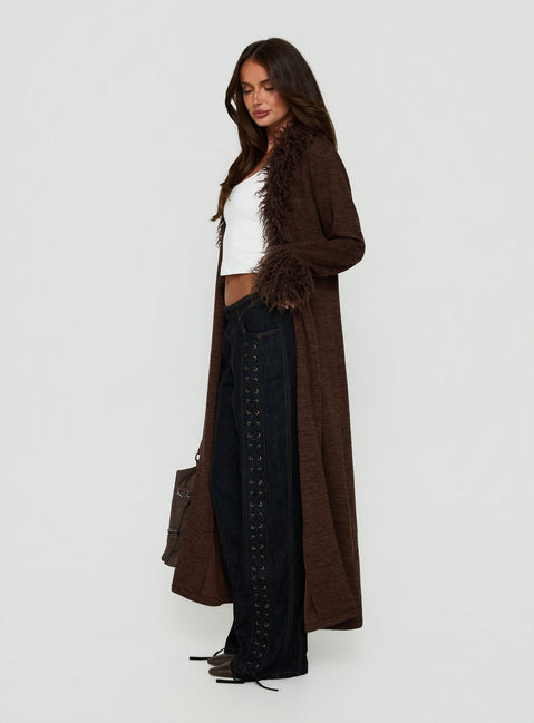 Marriah Longline Faux Fur Trim Cardigan Chocolate