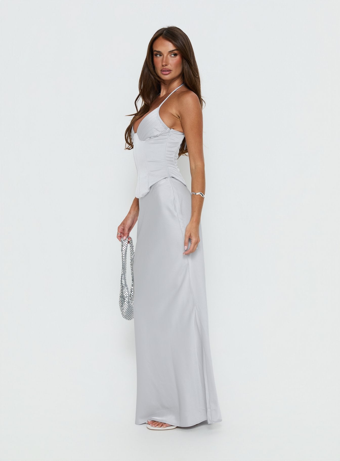 Devotedness Satin Corset Maxi Dress Silver | Princess Polly Devotedness Satin Corset Maxi Dress Silver | Princess Polly
