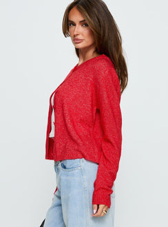 side view of model wearing Princess Polly Denmark Cardigan Red cropped 