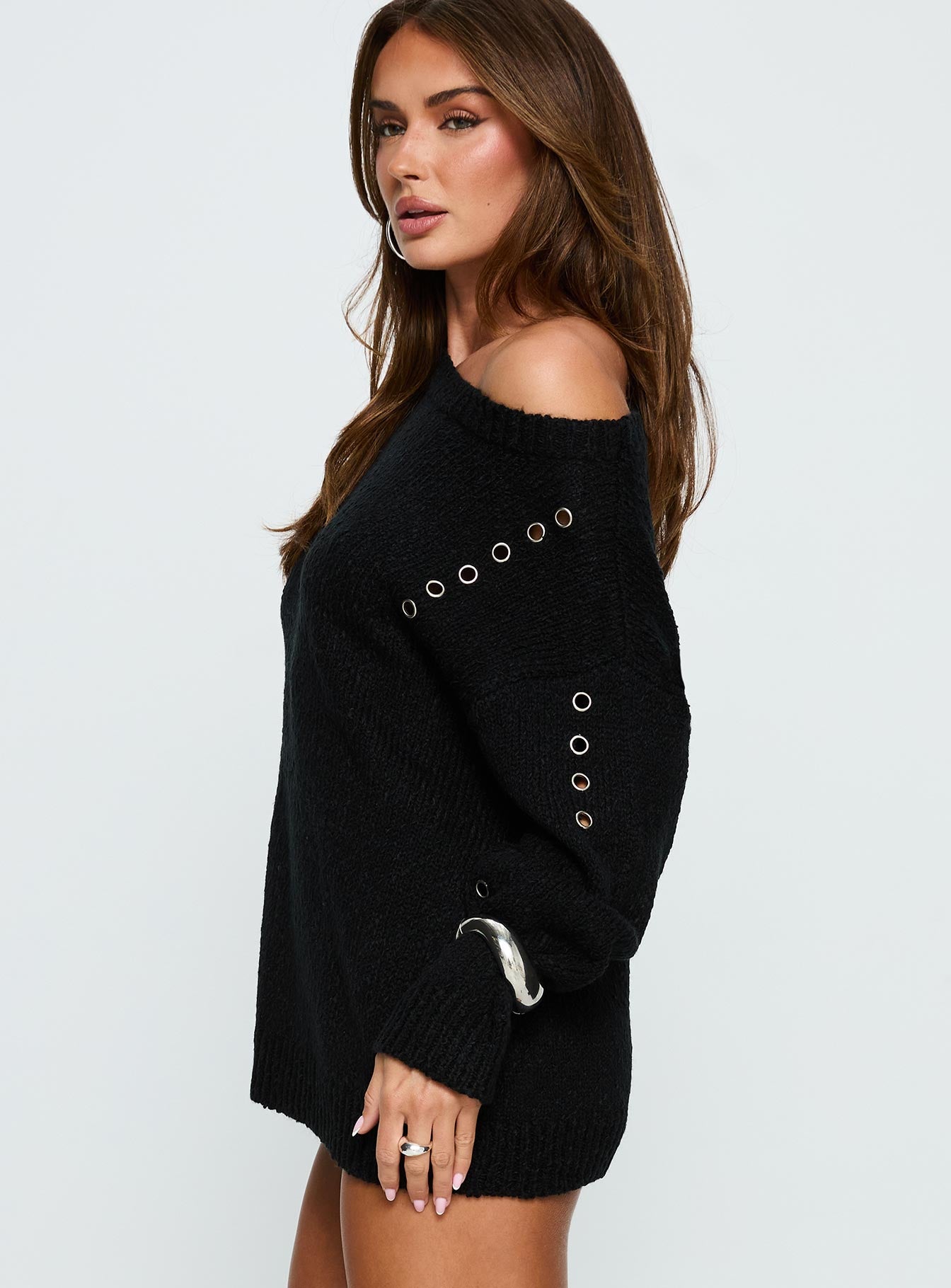 Esenia Eyelet Detail Knit Seater Black / Silver | Princess Polly